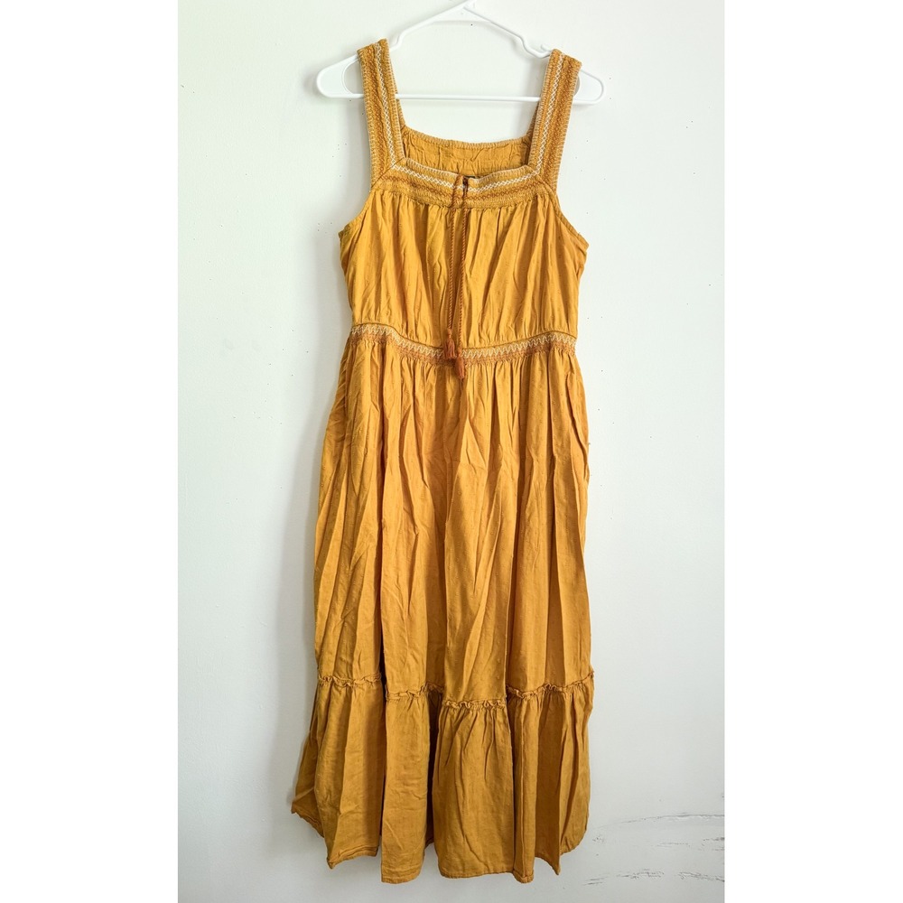 Boho cottagecore Mustard Yellow Dot Embroidered Tiered Midi Dress Womens Large